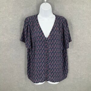 J.Crew Top Women's Paisley V-Neck‎ Blouse Navy Pink Sz XL Relaxed Career Office